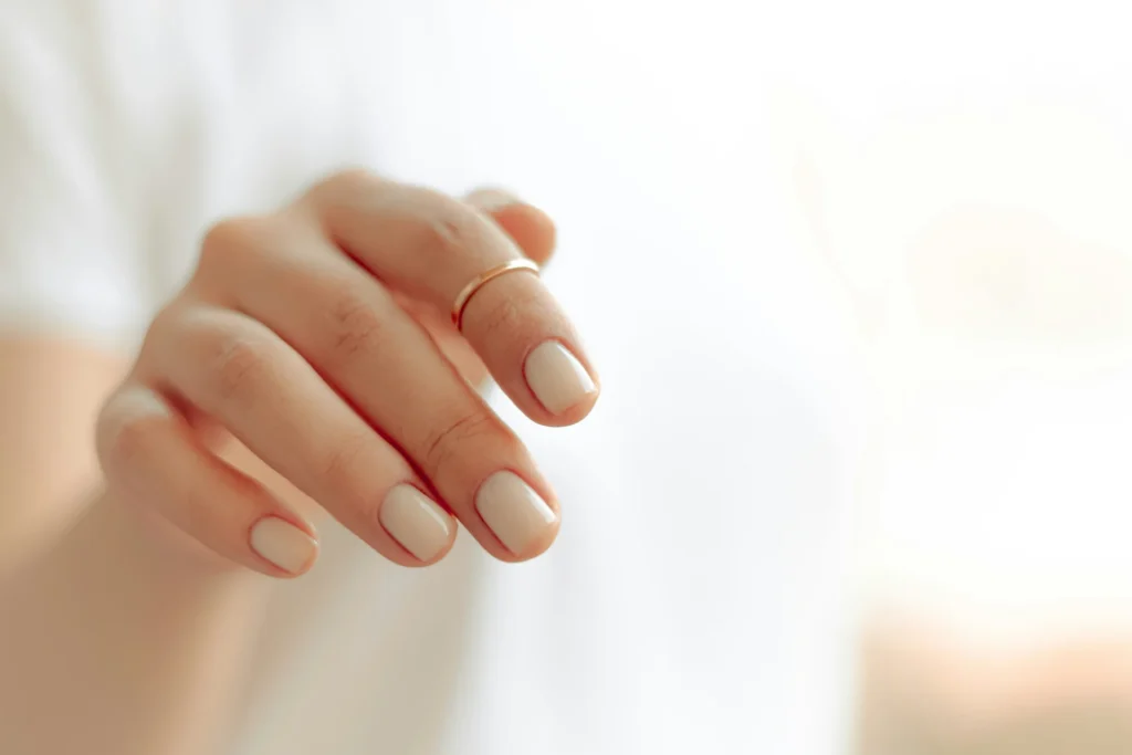 Zbliżenie na dłoń z eleganckim, białym manicure, prezentującą zadbane paznokcie.